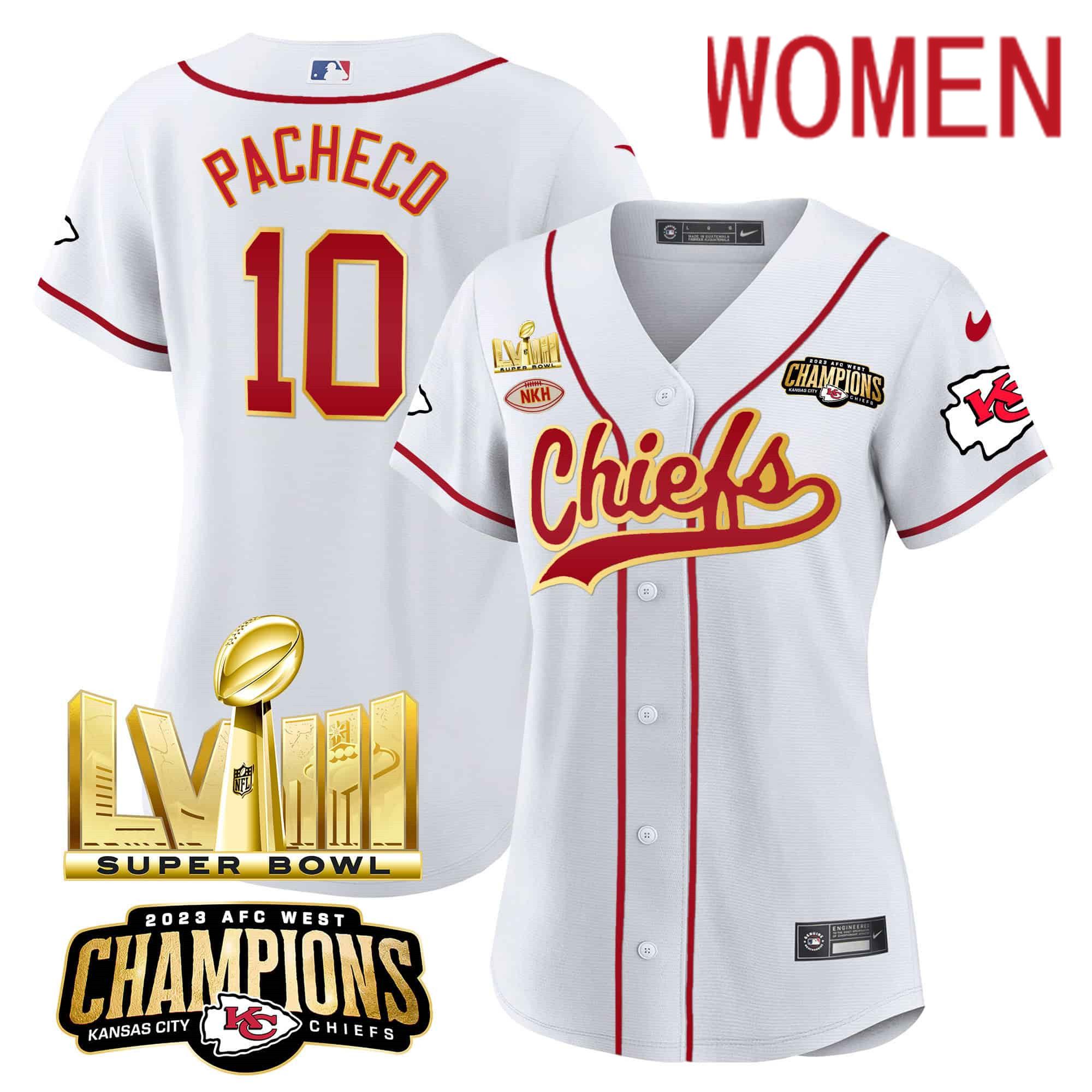 Women Kansas City Chiefs #10 Pacheco White 2024 Nike Super Bowl LVIII Back-2-Back Gold Patch Baseball NFL Jersey->women nfl jersey->Women Jersey